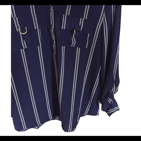 MINE Pinstripe Button Down Blouse With Adjustable Sleeve Length Navy Blue Size M - Picture 8 of 10